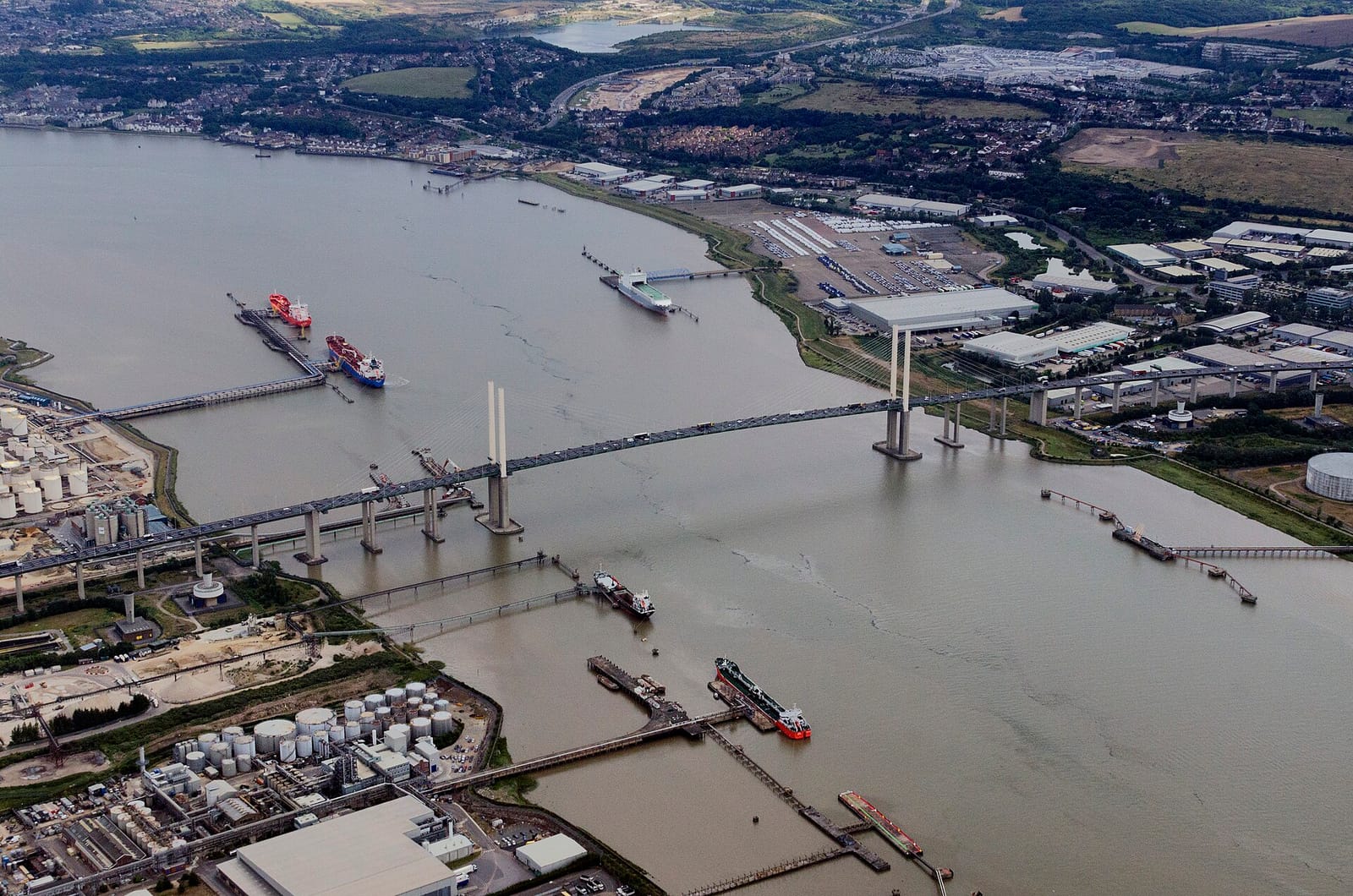 The Queen Elizabeth II Bridge carrying the Dartford Crossing over the River Thames, seen from the air.