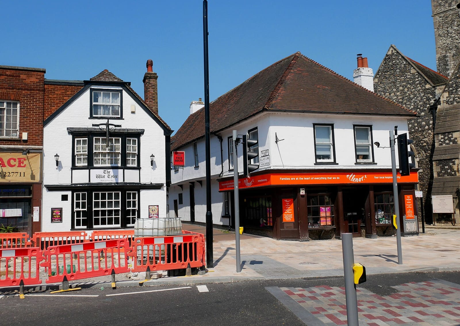 Historic buildings at the north end of Dartford High Street, including the timber framed Wat Tyler public house.