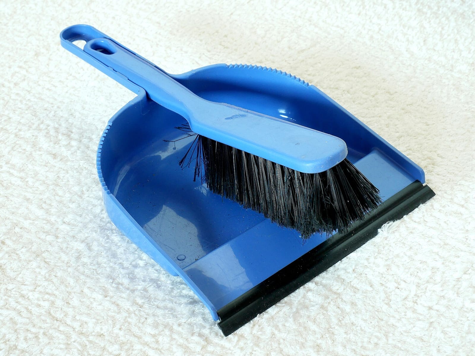 A blue plastic dustpan and hand brush resting together on a pale carpet.